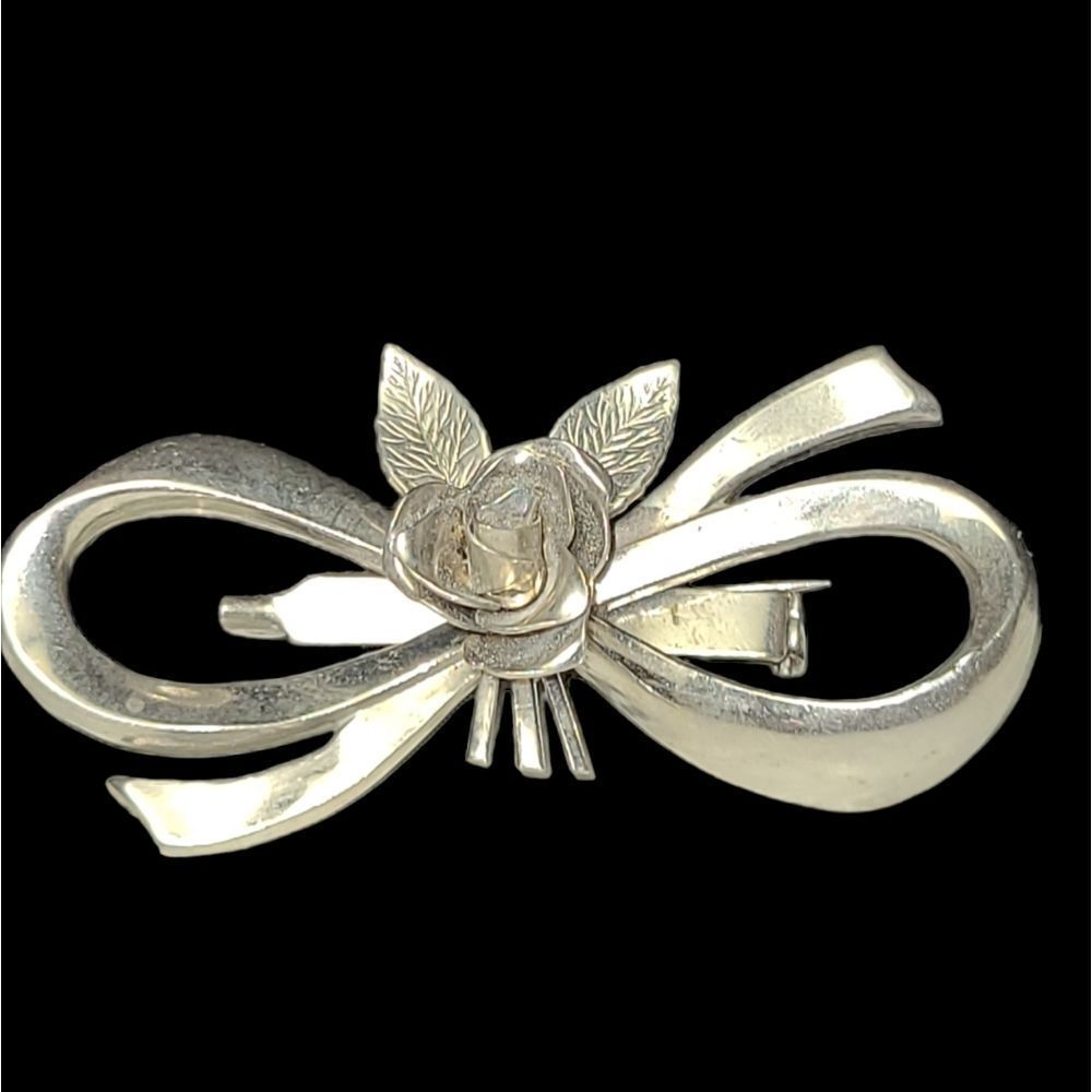 Vintage Coro Brooch Pin, Bow with Rose silvertone
